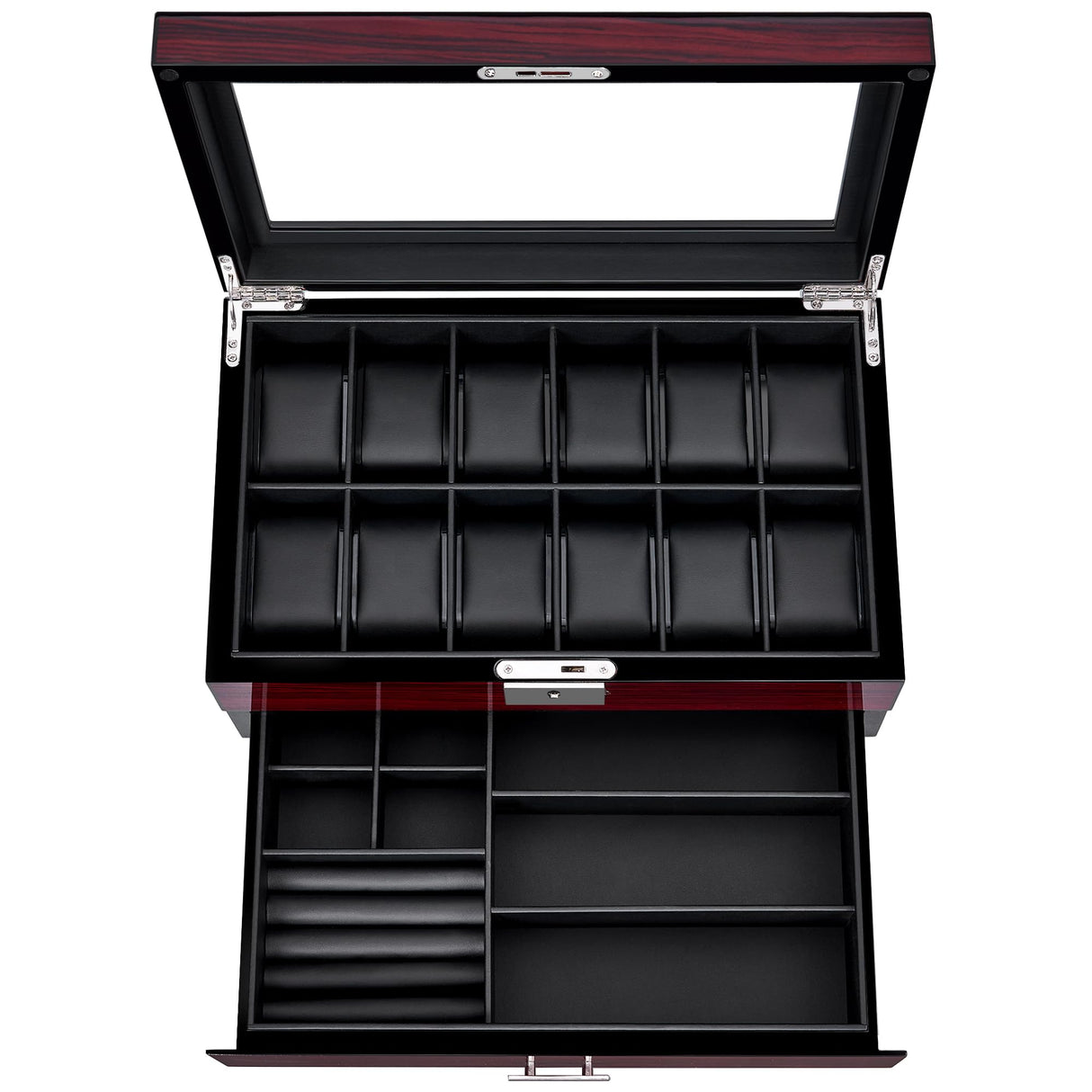 ANWBROAD Watch Box Storage Watch Cases for Men with Large Glass Lid 2-Tier Wood Watch Display Case Lockable Watch Organizer Giftable Luxurious Watch Holder for Women UJWB003Y ANWBROAD