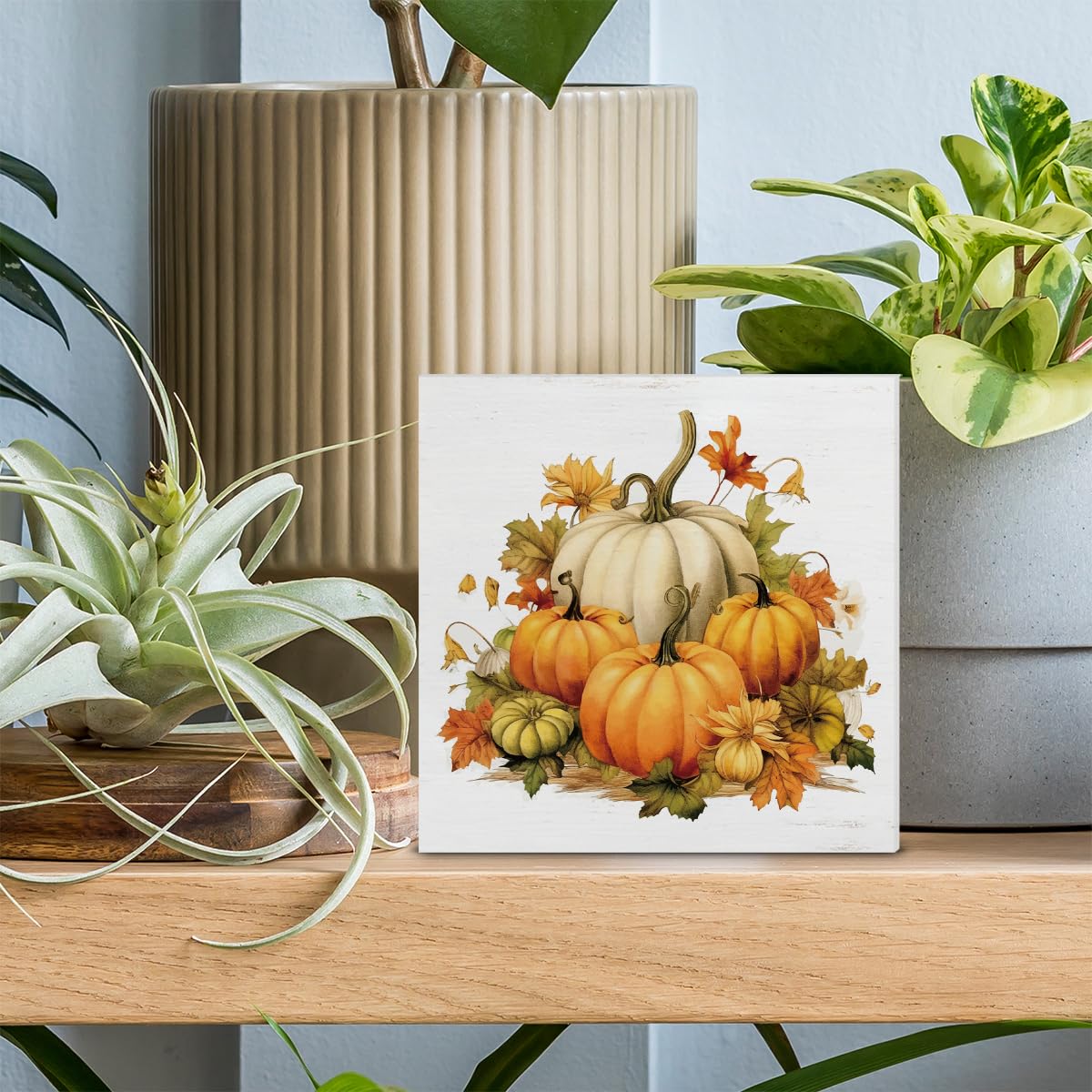 Pumpkin Decor Farmhouse Fall Decorations Harvest Wooden Block Sign Home Indoor Decor 5 x 5 Inches PIXCEOS