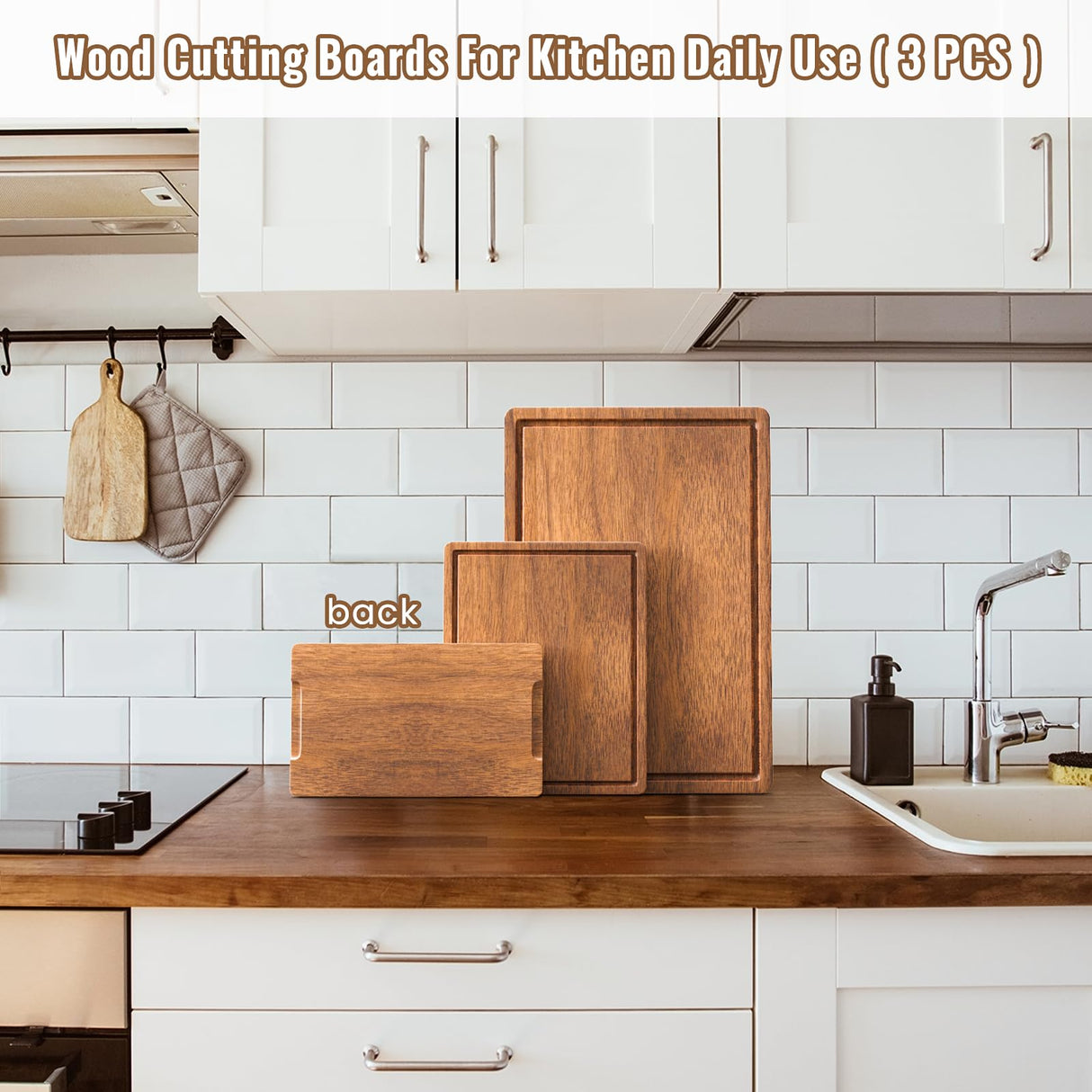 Acacia Wood Cutting Boards Set of 3 for Kitchen, Large Wooden Cutting Board with Juice Groove, Charcuterie Board, Chopping Board for Meat, Cheese, Fruits(17x12, 12x10, 12x7 inch) Misawce