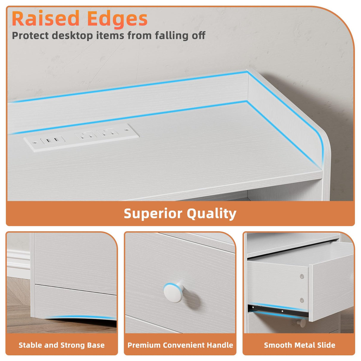 Memobarco Nightstand with Charging Station and LED Light,Modern Nightstand with USB Ports and Outlets,Wood Bedside Tables with 2 Storage Drawers,Small Dresser for Bedroom Small Space,White Memobarco