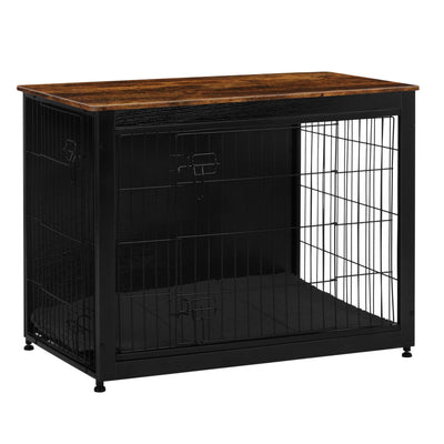DWANTON Dog Crate Furniture with Cushion, Wooden Kennel Table with Double Doors, Indoor Dog House, Large Size, 38.5" L, Black+Rustic Brown