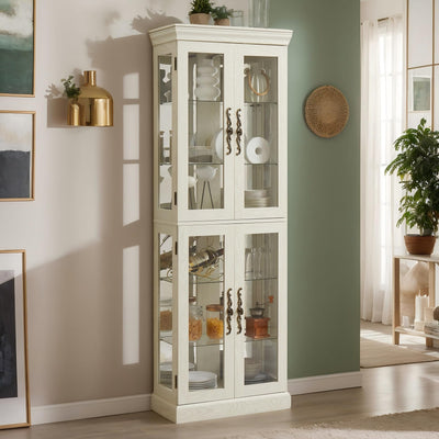 Eyisean 71" Lighted Curio Cabinet with 6 Adjustable Shelves, Vintage Glass Display Case, Tempered Glass Doors, Tall Wine Bar Cabinet for Living Room Liquor Storage, Bulb Included