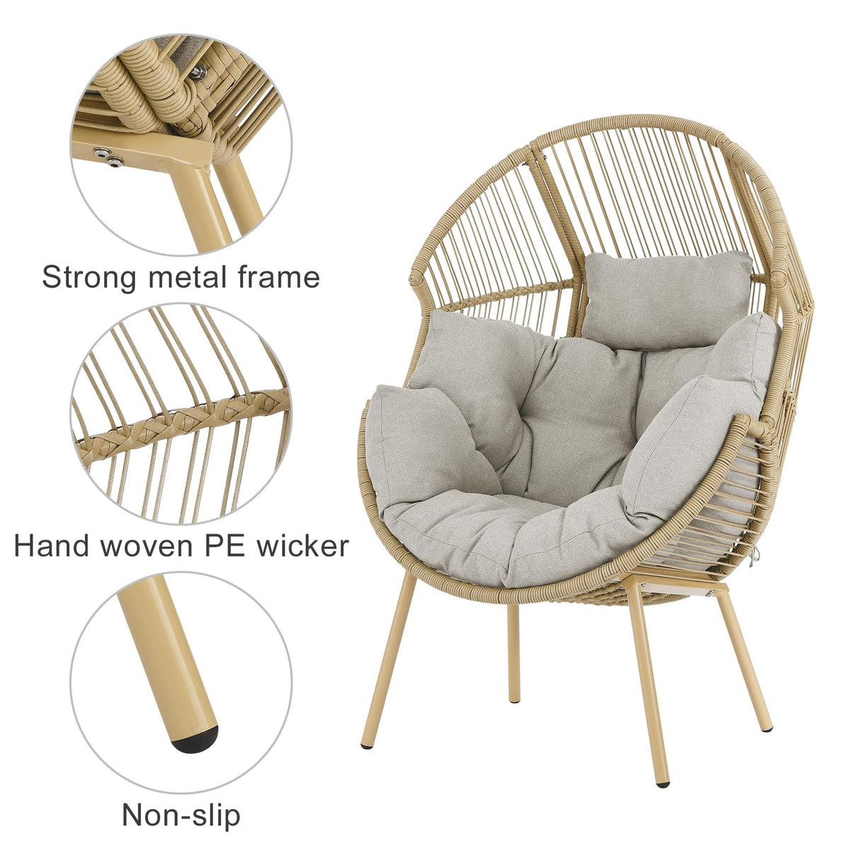 Egg Chair Outdoor Basket Chairs - Wicker Patio Cuddle Chair with Cushions Rattan Tear Drop Egg Chair for Indoor Bedroom Outside Porch Deck Backyard Garden(Yellow/Beige) Pugire