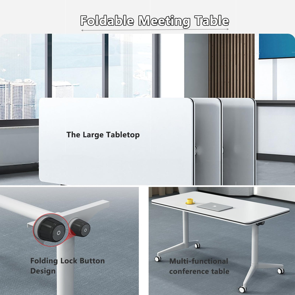 Ptosziav Conference Room Table Set of 4, Folding Conference Table Flip Top Mobile Training Table, Office Foldable Meeting Table Seminar Table Conference Room Tables with Wheels (140x60x75cm) Ptosziav