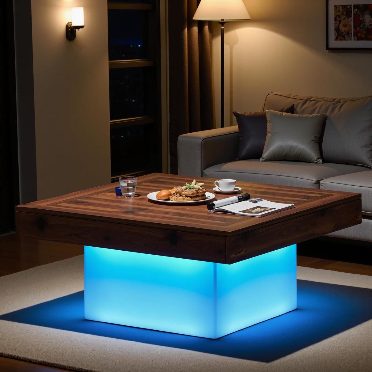 Osparple LED Coffee Table with Storage, 35" Small Square Coffee Table Modern Wooden Accent Center Sofa Side Tables for Living Room, Brown & White Osparple