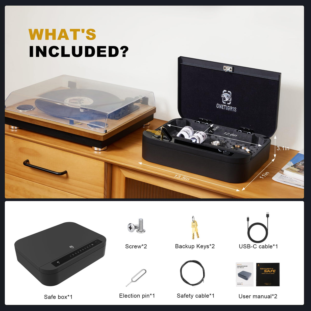 Biometric Gun Safe for Handgun, ≤0.1s Quick Access Pistol Safe 4-Ways Unlock APP/Fingerprint/Numeric Code/Key with Security Cable, Handgun Safe for Nightstand, Home, Bedside, Car - Aluminum Alloy OneTigris