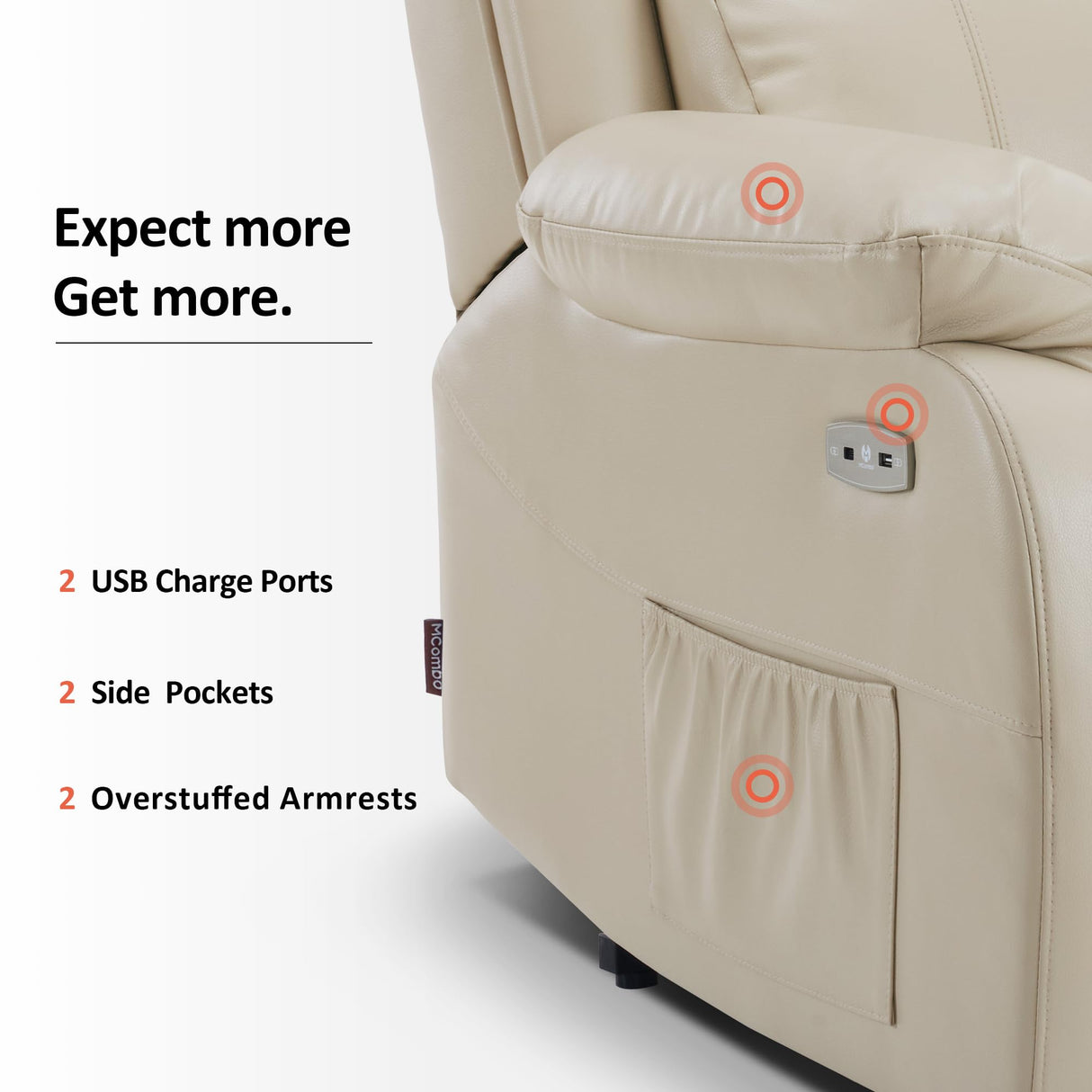 MCombo Small-Regular Power Lift Recliner Chair with Massage and Heat for Petite Elderly People, 3 Positions, 2 Side Pockets, USB Ports, Faux Leather 7408 (Beige, Small-Regular) MCombo