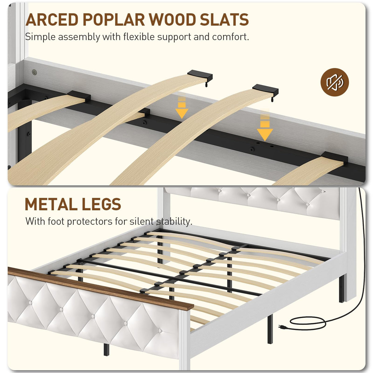 RALGEND Farmhouse Full Size Bed Frame with 51.2" Tall Storage Headboard, Upholstered Platform Bed Frame with Bookcase Headboard and LED Light, No Box Spring Needed, White and Walnut RALGEND
