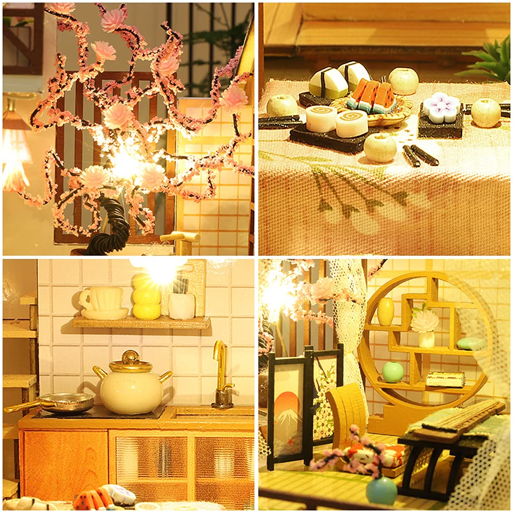 Yuzhen DIY Miniature Dollhouse Kit with Furniture and LED Lights, Japanese Wooden Dollhouse Includes Dustcover and Music Box, Collectibles for Hobbies Yuzhen