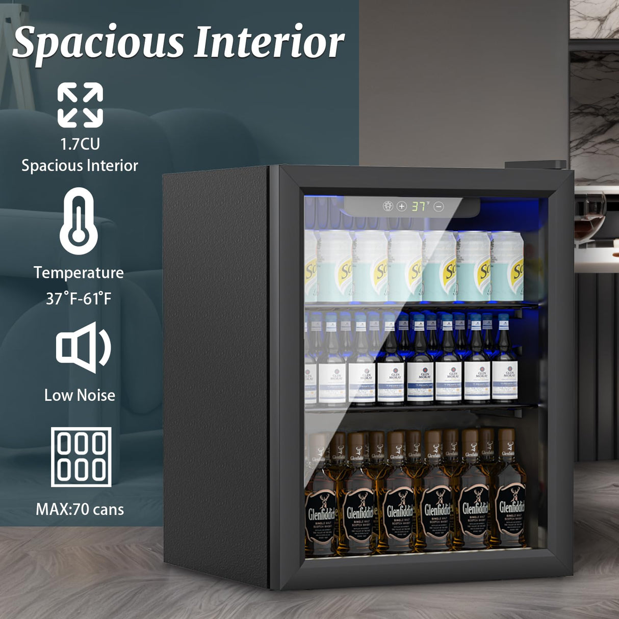 DOGHLY 1.7 Cu.ft Beverage Refrigerator Cooler, 72 Can Mini Fridge with Glass Door, and Temperature controllable switch for Soda, Beer or Wine For Office or Bar with Adjustable Removable Shelves DOGHLY