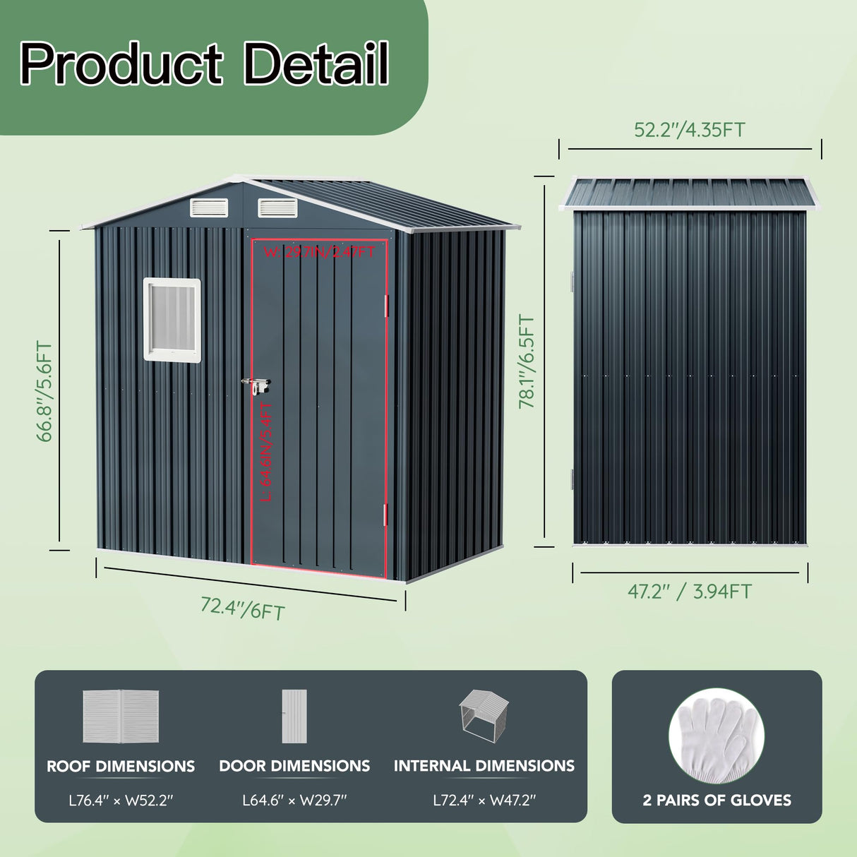 MistMo 6X4X6.5 FT Compact Vertical Outdoor Steel Storage Shed with Lockable Doors, Ideal for Garden, Backyard, and Patio Utility and Small Tool Storage,Bike Shed, Garbage Can, Chicken Coop Mistmo