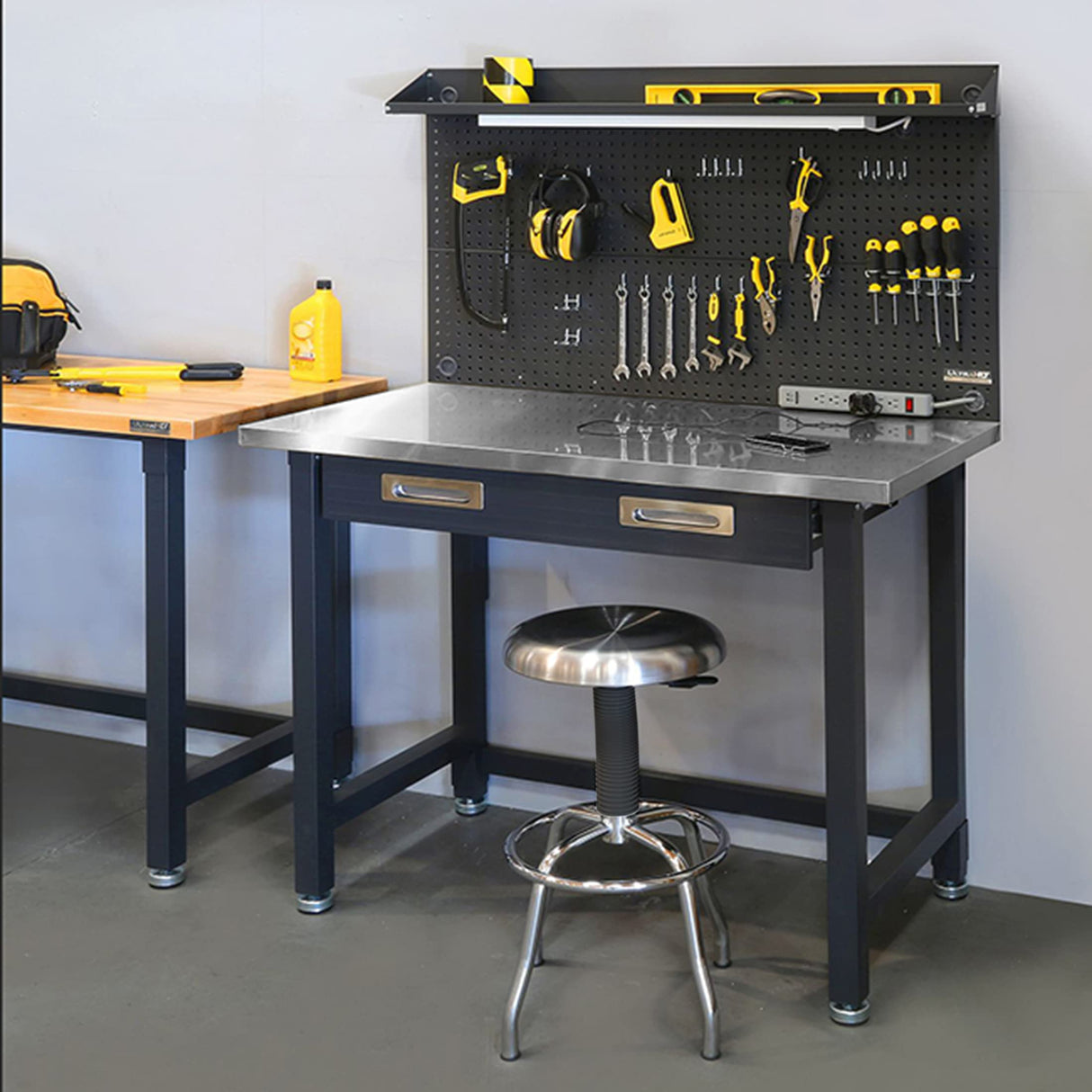 Seville Classics UltraHD Heavy Duty Commercial Lighted Workcenter w/Pegboard, 500 lbs. Weight Capacity for Garage, Warehouse, Workshop, Stainless Steel Top, Graphite, 48" W x 24" D x 65.5" H Seville Classics