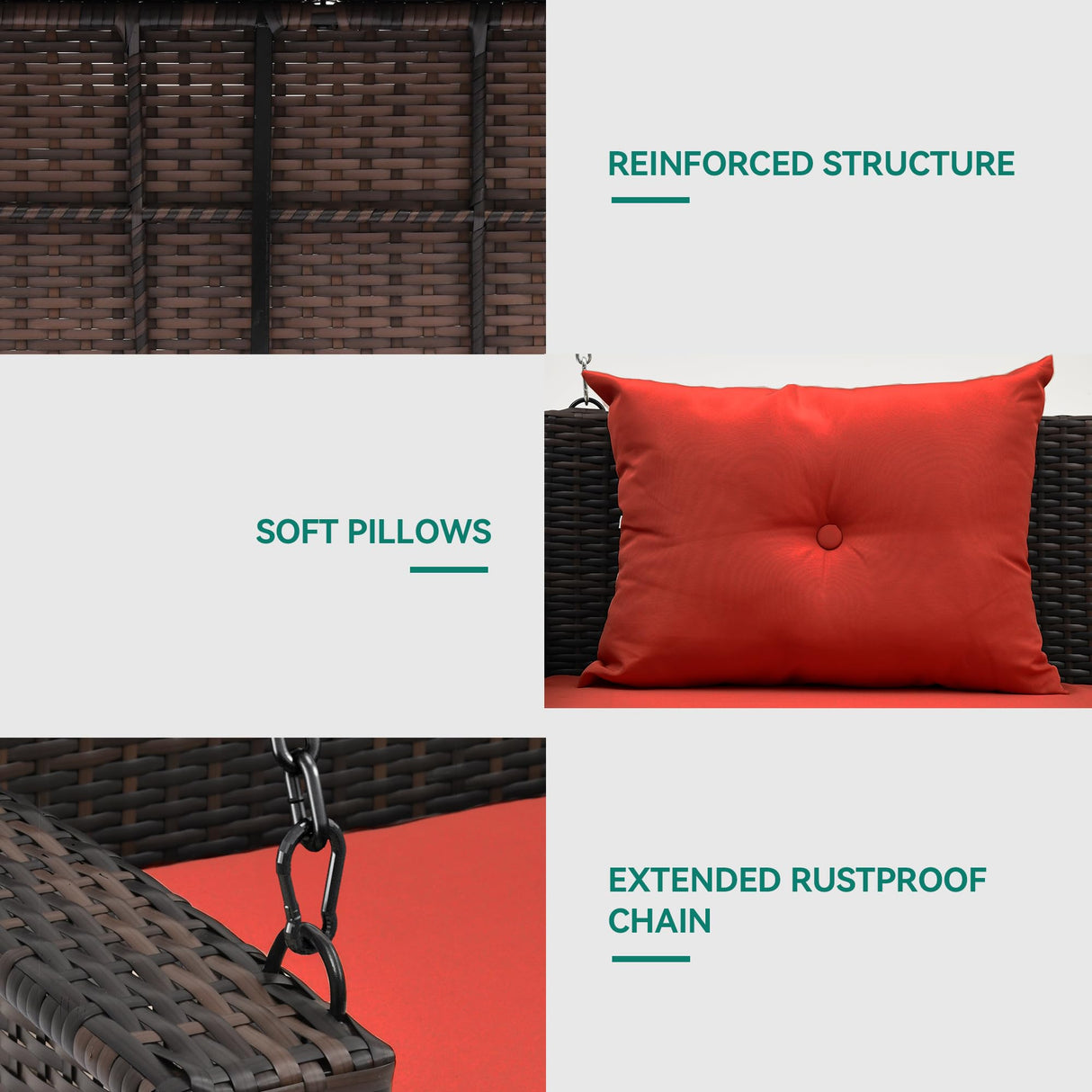 YITAHOME Wicker Hanging Porch Swing Chair Outdoor Brown Rattan Patio Swing Lounge w/ 2 Back Cushions Capacity 530lbs for Garden, Balcony, Living Room, Red YITAHOME