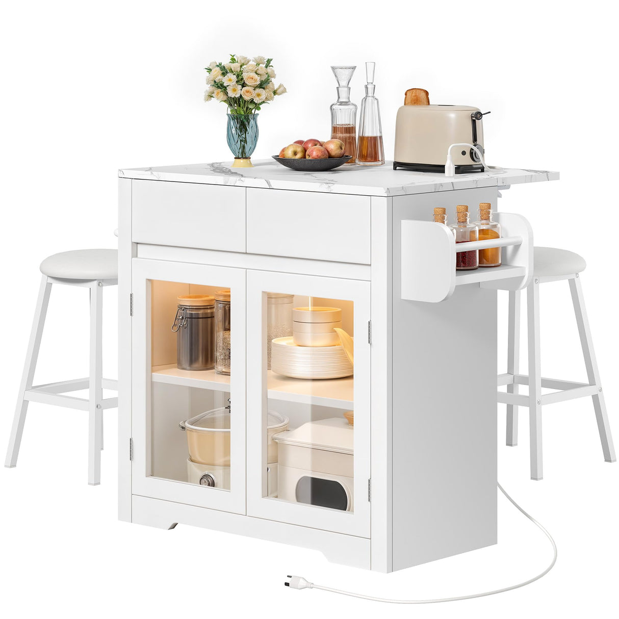 YITAHOME Rolling Kitchen Island with Seating and LED Lights, Mobile Storage Islands with Drop Leaf, Dining Table with Power Outlet, 2 Drawers and Soft Stools, Spice/Towel Rack, Marble Finish, White YITAHOME