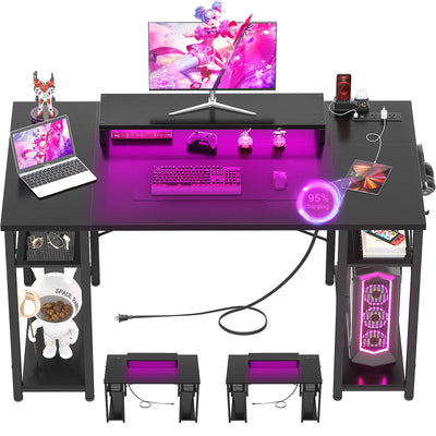 armocity Computer Desk with LED Lights, 48 Inch Reversible Large Desk with Power Outlet and USB, 48'' Gaming PC Table with Moveable Monitor Stand for Home Office, Workstation, Black