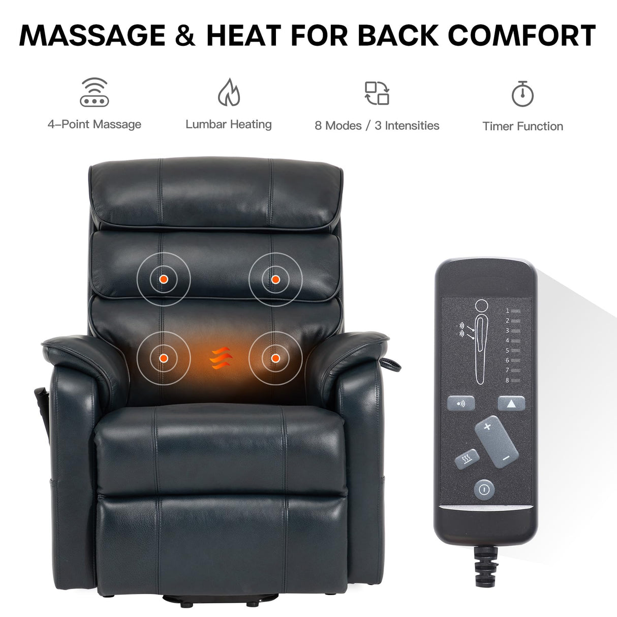 DYNOX 350 LBS Power Lift Recliner Chair for Elderly, Medium Size Dual Motor Lay Flat Infinite Positions Recliner with Heat & Massage (9188, Genuine Leather, Dark Blue) DYNOX