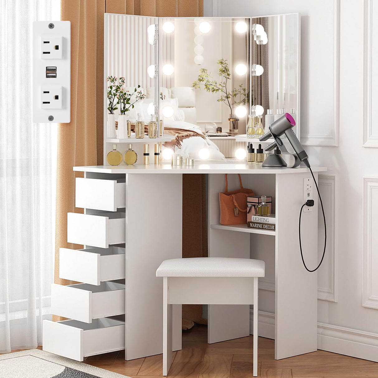VOWNER Vanity with Lights - Makeup Vanity Desk with Power Outlet, 3 Color Lighting Options Brightness Adjustable, Vanity Table with 5 Sliding Drawers, Shelves and Stool for Bedroom, White VOWNER