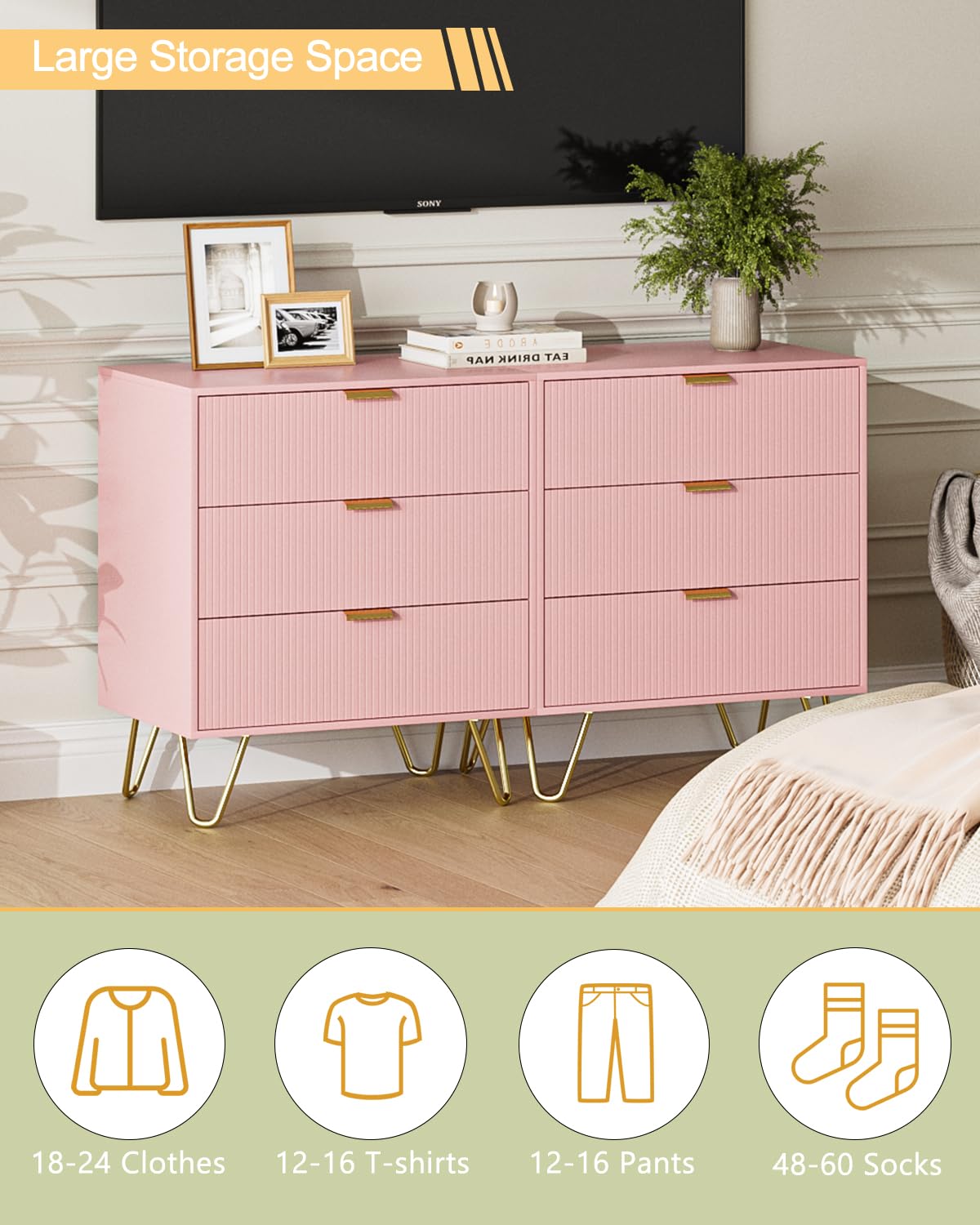 AEPOALUA Fluted 3 Drawer Dresser for Bedroom, Modern Storage Bedroom Dresser Chest Cabinet Organizer with Anti-Tip Hardware for Living Room, Dressing Room, Kids Room, Office (Pink) AEPOALUA