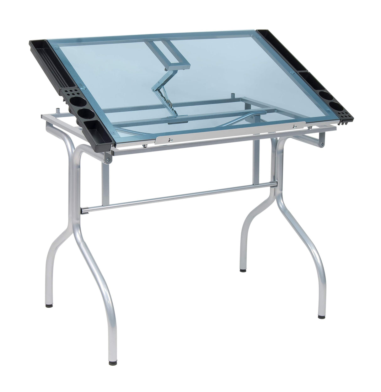 Studio Designs Folding Modern Glass Top Adjustable Drafting Table Craft Table Drawing Desk Hobby Table Writing Desk Studio Desk, 35.25" W x 23.75" D, Silver / Blue Glass SD STUDIO DESIGNS