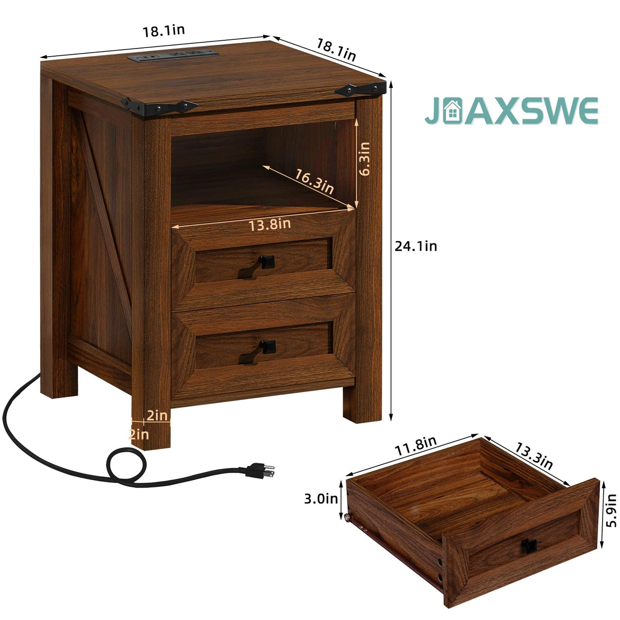 Joaxswe Nightstand with Charging Station and USB Port, Farmhouse Side End Table with 2 Drawers and Open Shelf, Wood Rustic Sofa Table, Bedside Cabinet for Bedroom, Living Room, Closet, Office(Brown) Joaxswe