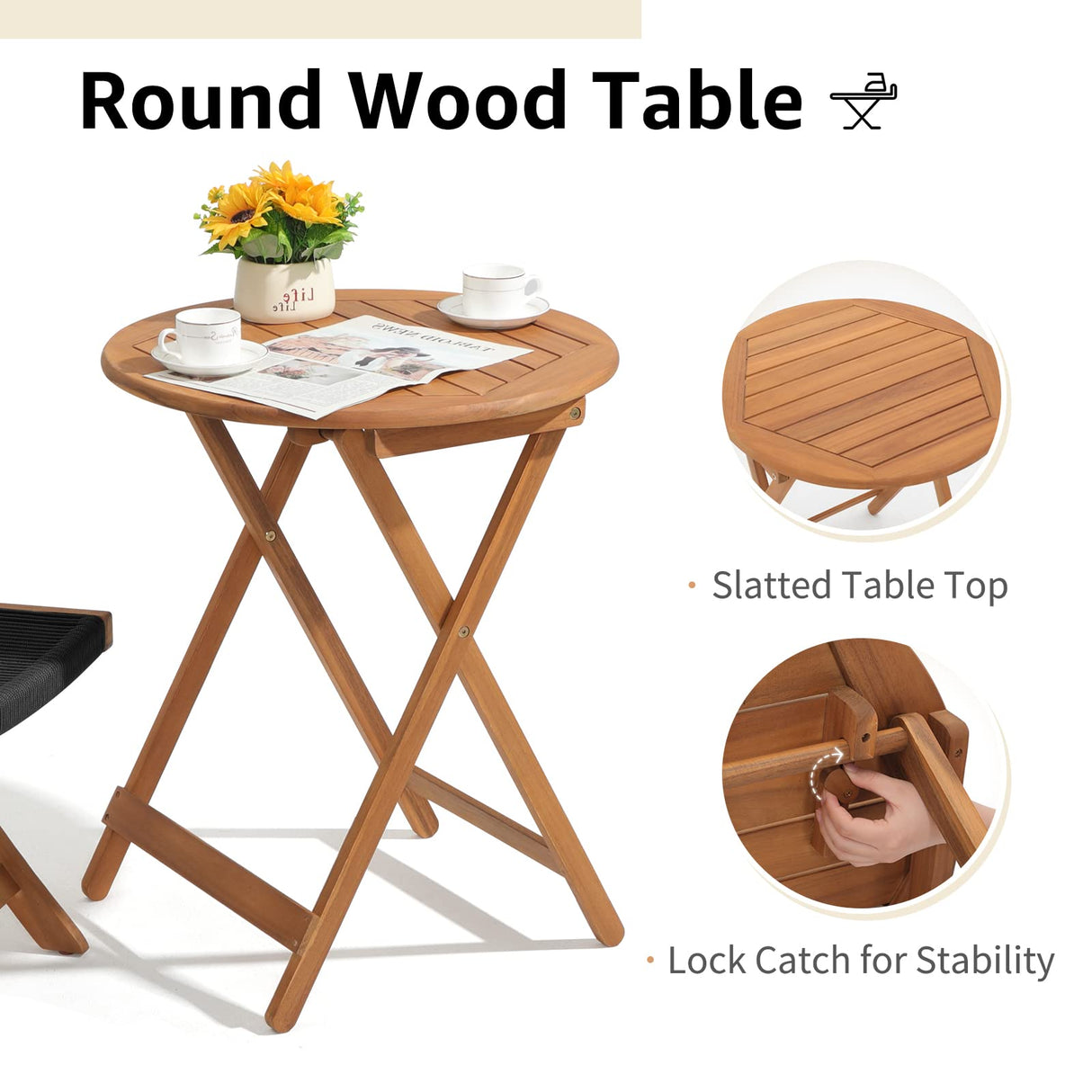 OC Orange-Casual 3 Piece Acacia Patio Bistro Set, Outdoor Compact Wood Table and Chairs Set of 2 for Apartment Balcony Front Porch Deck Yard, Black OC Orange-Casual