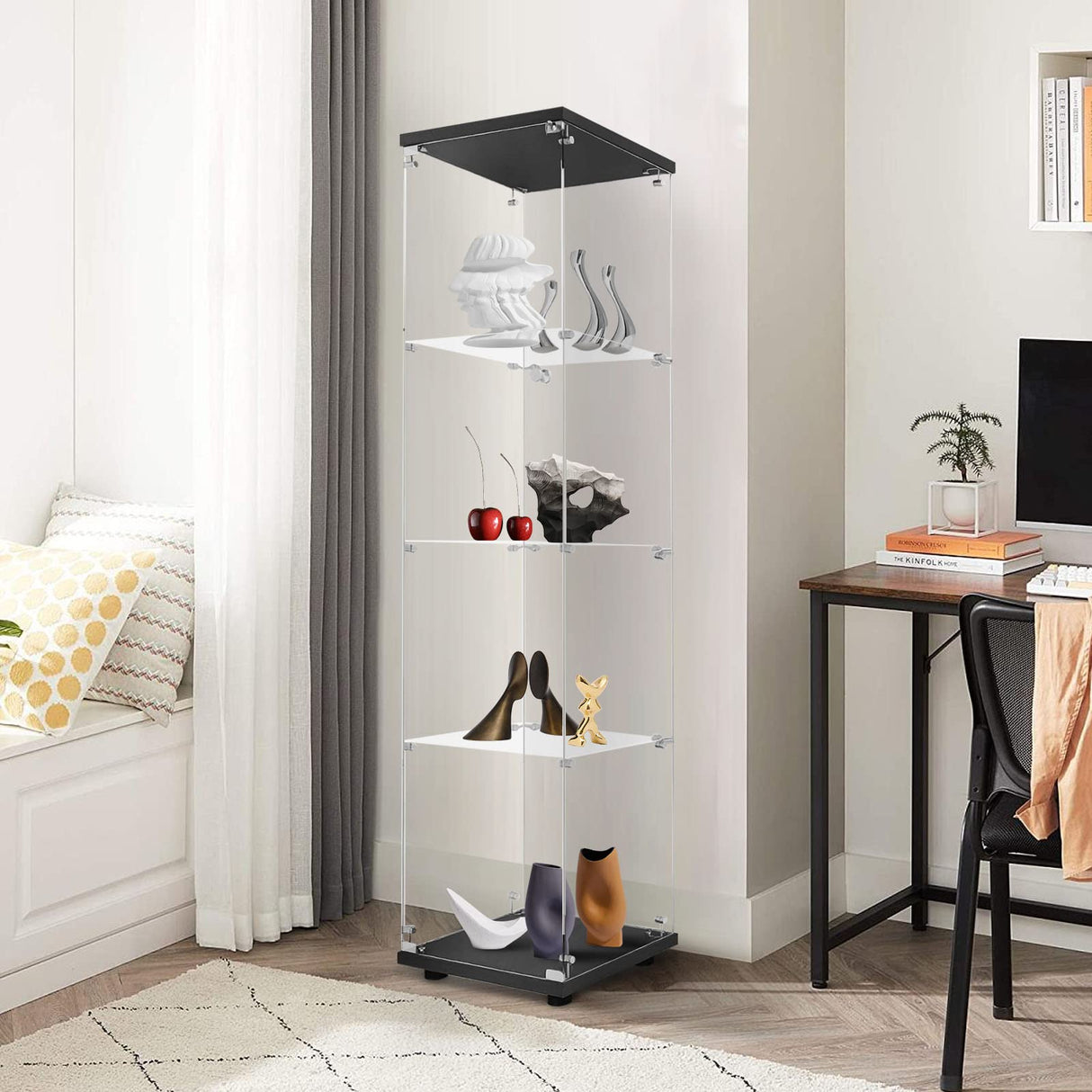 LFT HUIMEI2Y Glass Display Cabinet 4-Shelf with Door and Lock, Curio Cabinets Upgraded Quick-Install Style Tempered Glass Floor Standing Bookshelf for Bedroom, Living Room 65”x 17”x 14” Black LFT HUIMEI2Y