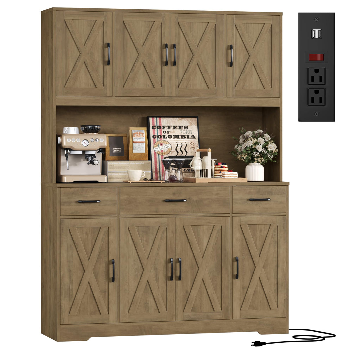 HOSTACK 71" Tall Kitchen Pantry Storage Cabinet with Charging Station, 55" Wide Kitchen Hutch Cabinet with Large Countertop, Farmhouse Food Pantry with Drawers for Living Room (Rustic Brown) HOSTACK
