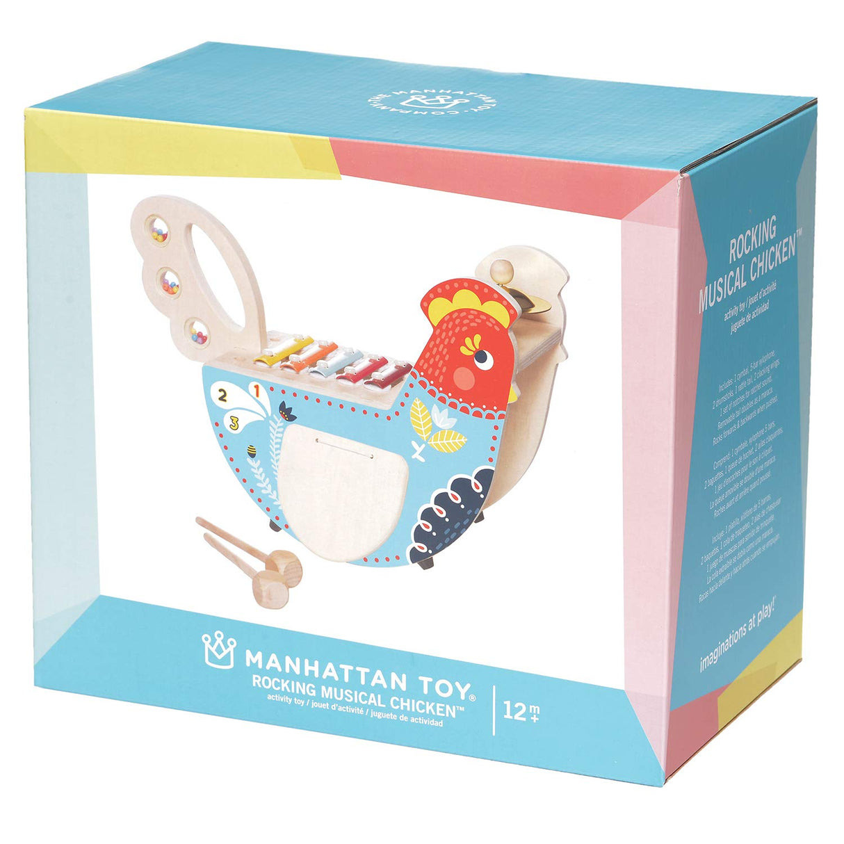 Manhattan Toy Musical Chicken Wooden Instrument for Toddlers with Xylophone, Drumsticks, Cymbal and Maraca,Blue Manhattan Toy