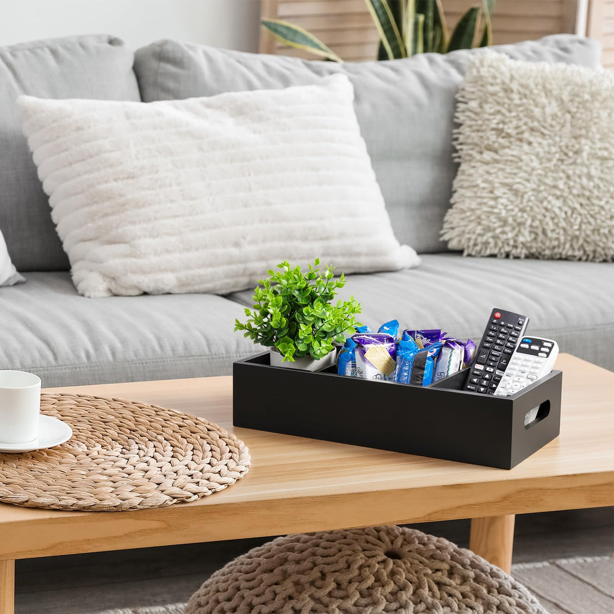 14 Inch Bathroom Basket with Removable Dividers - 3 Comparments Wood Toilet Paper Basket with Handle for Back of Toilet Tank Topper - Black Storage Organizer for Bathroom Kitchen Pantry Organization dreamkey