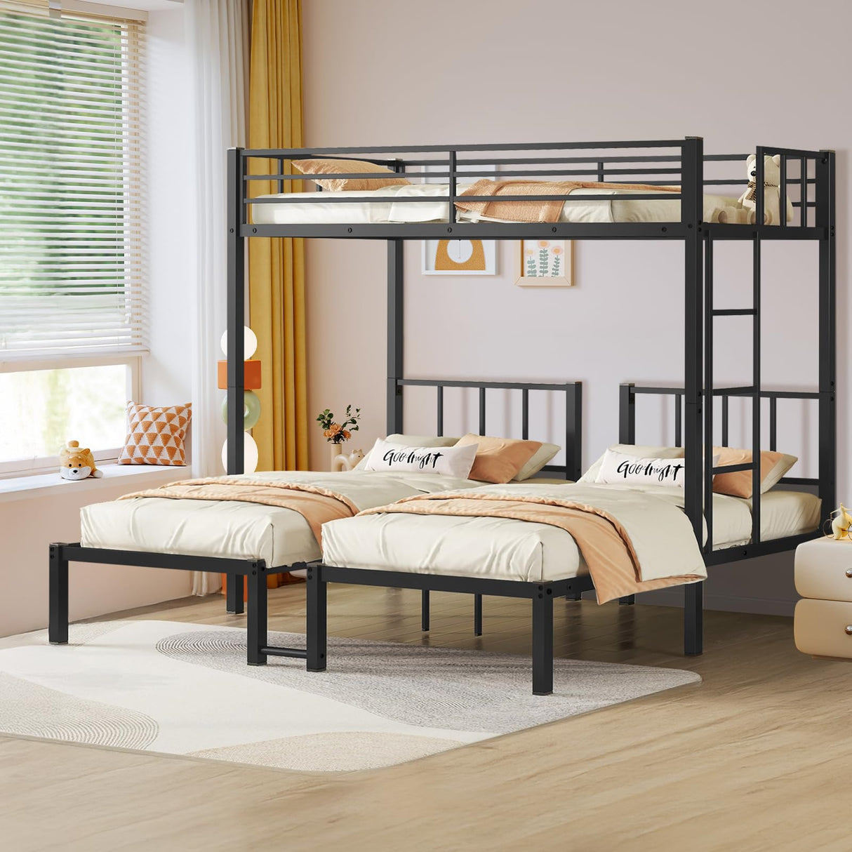 HKOLIE Detachable Triple Bunk Bed, Metal Bunk Bed for 3, with Guardrails, Ladder & Upper Bed Platform, Black, for Kids, Teens, and Adults, No Box Spring Needed HKOLIE