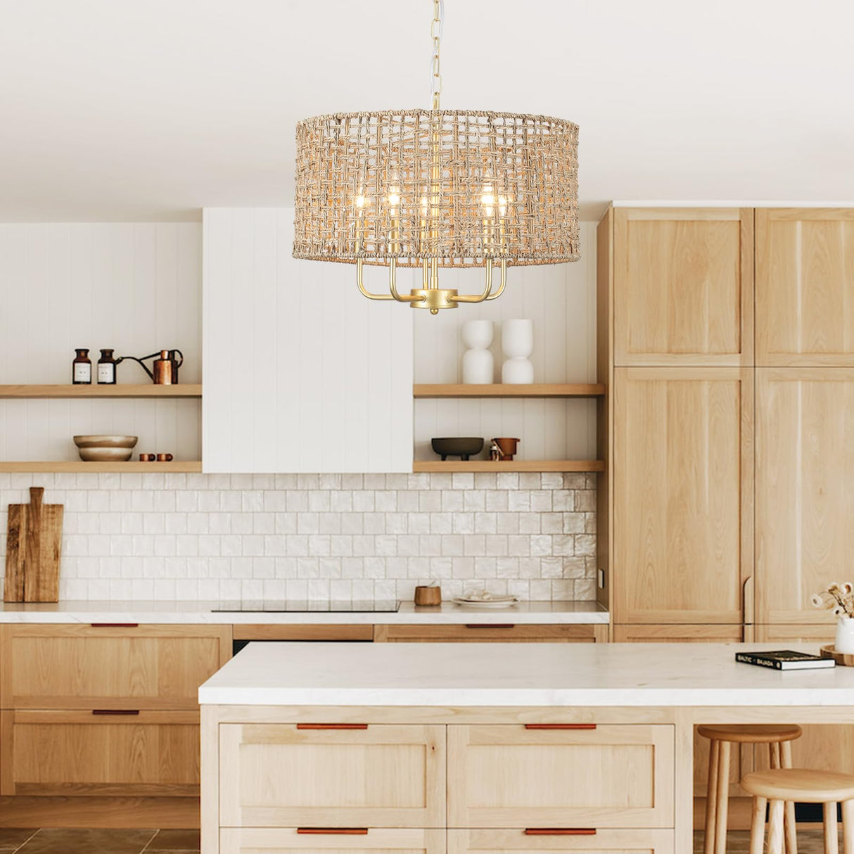Rattan Woven Boho Chandelier Light Fixture for Dining Room 5 Light, 18.8'' Gold Hand Woven Drum Wicker Light Fixture Ceiling Hanging, Coastal Rattan Pendant Light for Living Room Entryway Bedroom Xurihuihuang