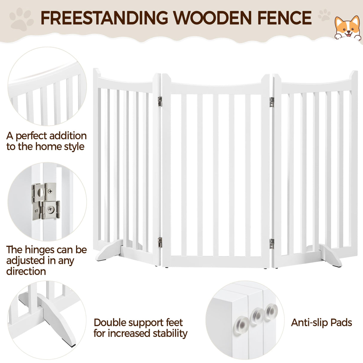 Yaheetech Dog Gate 36" H Extra Large Freestanding Pet Gate 3-Panel Wooden Dog Fence with 2 Support Feet Folding Dog Gate for Indoor, Stairs, Doorways, Halls, Kitchen Pet Barrier White, 60" L x 36" H Yaheetech