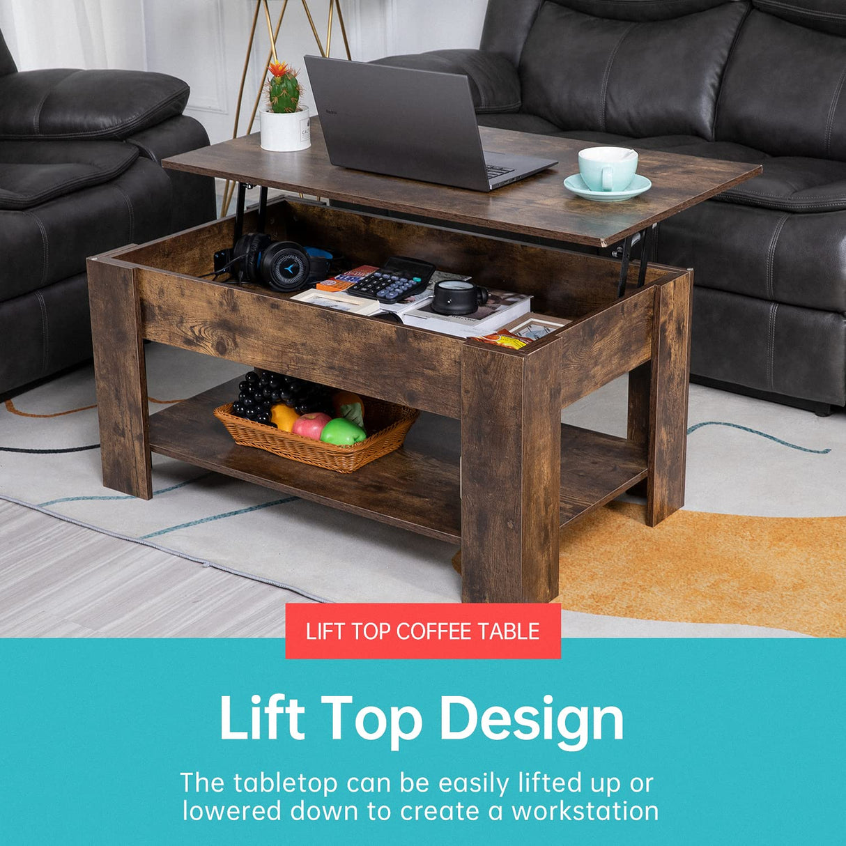 FDW Lift Top Coffee Table with Hidden Compartment and Storage Shelf Wooden Lift Tabletop for Home Living Room Reception Room Office (Brown) FDW