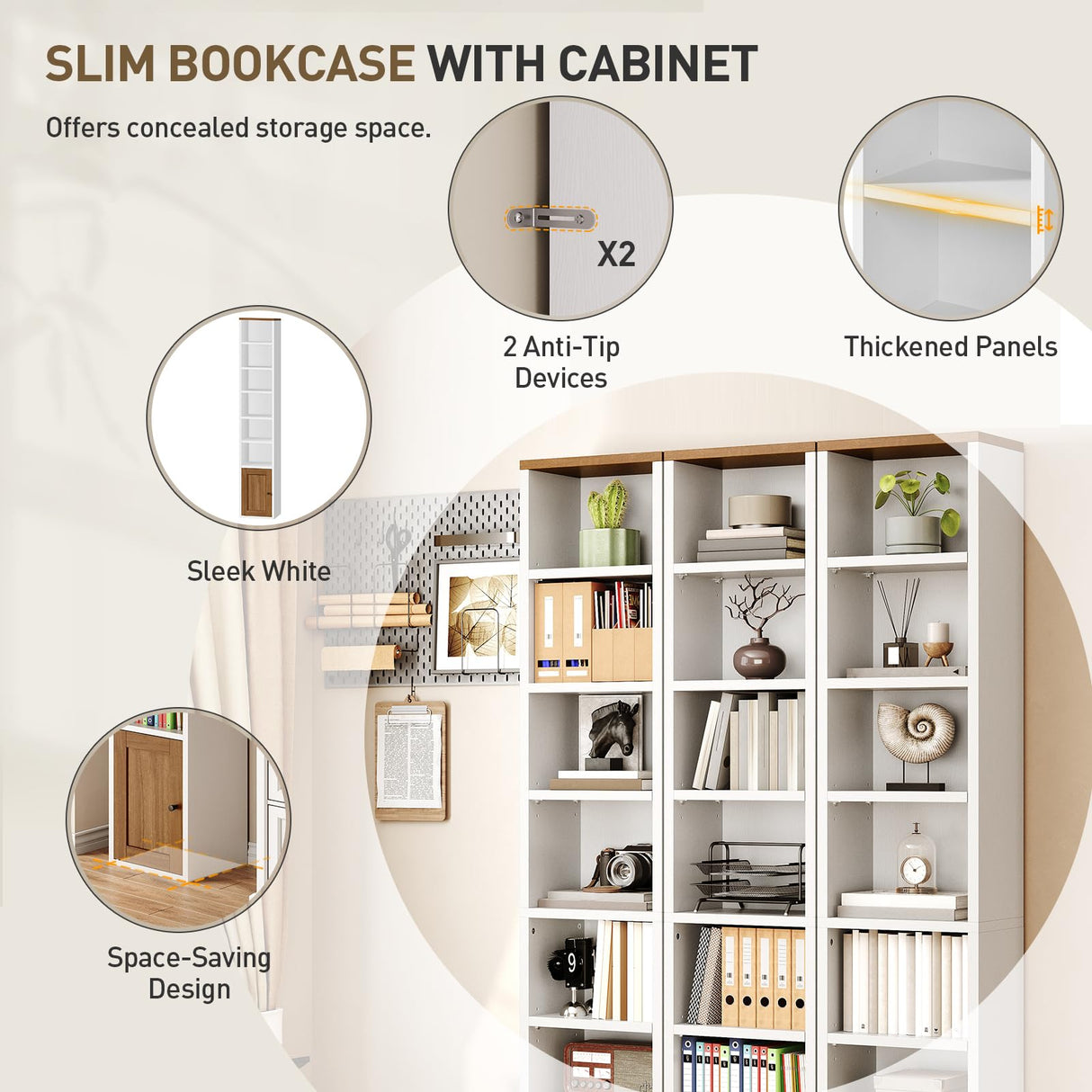 RALGEND 7-Tier Tall Narrow Bookshelf with Door Set of 2, 71 Inches CD DVD Slim Media Tower Rack with Storage Cabinet, Adjustable Shelves, Skinny Display Bookcase for Home Office, White and Walnut RALGEND