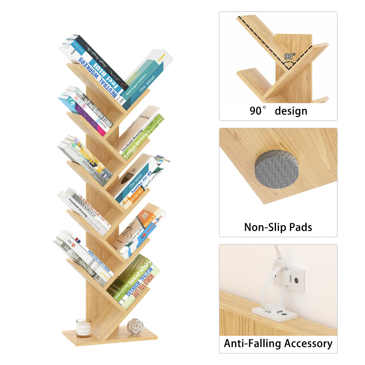 SHEEPAM 10 Tier Tree Book Shelf, Floor Standing Wood Bookshelf for Narrow Space, Storage Organizer Bookshelves for Books/CDs/Magazine, Bookcase with Shelves for Home Office, Living Room - Natural SHEEPAM