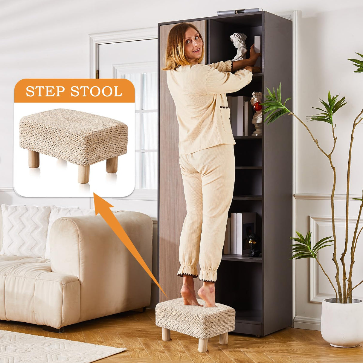 Cpintltr Foot Stool Ottoman Rectangular Footrest Pouf Ottomans Natural Seagrass Footstool with Wooden Legs Hand Weave Step Stool for Living Room Bedroom Entryway Natural White Cpintltr