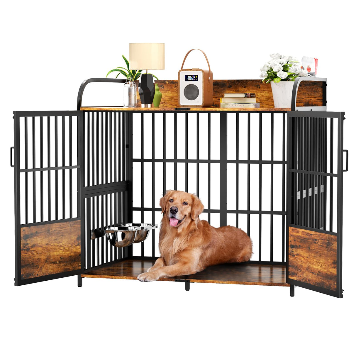 BEURUKU 48 Inch Large Dog Crate Furniture, Dog Kennel Indoor Large Breed with 2 Bowls 360° Adjustable, Dog Cage Table XXL Dog Crates for Large Medium Dogs, 48" L X 30" W X 45" H, Brown BEURUKU