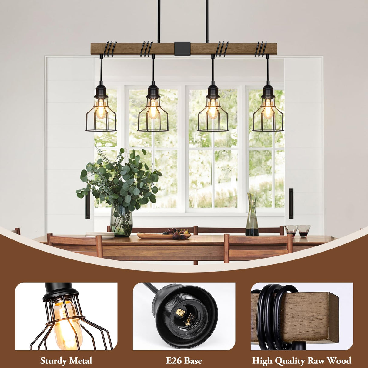 4-Light Kitchen Island Lighting, 63" Adjustable Height Pendant Light Fixtures Black Metal & Rustic Wood Modern Dining Room Chandelier Over Table with E26 Base for Farmhouse Bar SIAFAVOI