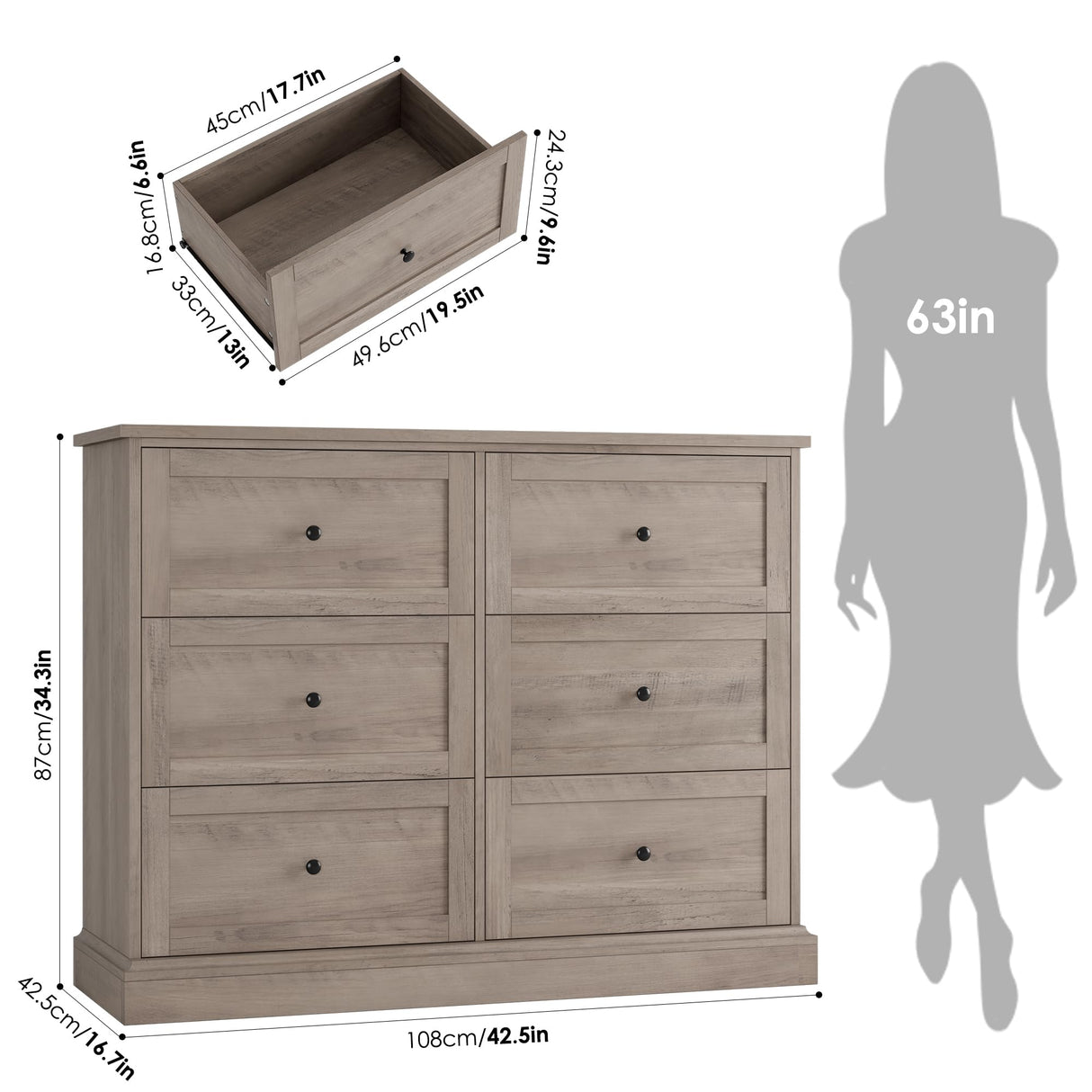 FOTOSOK 6 Drawer Dresser, Modern Dresser Double Dresser 6 Drawer Chest with Deep Drawers, Wide Storage Organizer Drawer Cabinet for Living Room Home, Ash Grey FOTOSOK