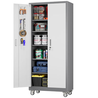 Aobabo Upgraded Garage Storage Cabinets with Wheels,Metal Storage Cabinets with 5 Adjustable Shelves for Garage Home Office Storage, Grey&White,71''H*32''W*16''D,Assembly Required