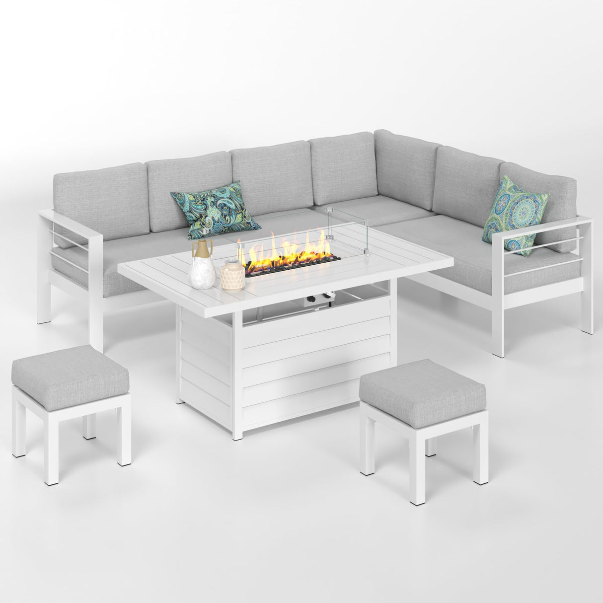 Solaste Aluminum Patio Furniture Set with Fire Pit Table, 6 Piece Sectional Metal Outdoor Furniture with Ottoman, Modern Patio Conversation Set Water-Resistant Cushion for Balcony, Front Porch, White Solaste