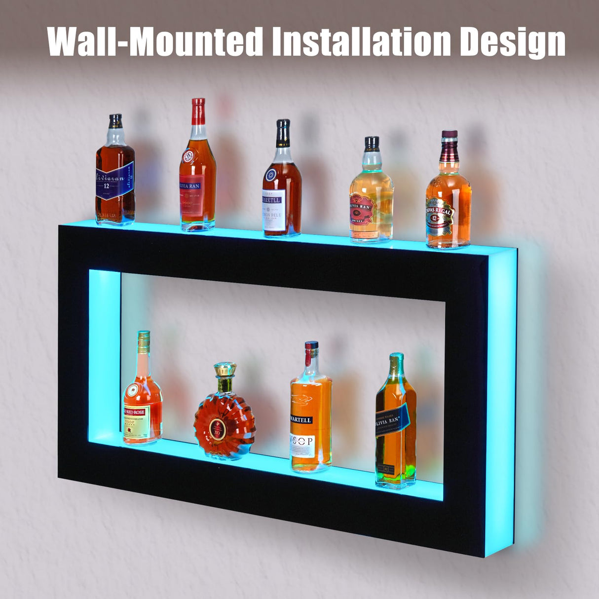 Takywep LED Lighted Liquor Bottle Shelf, Square 2-Tier 48 Inch Bar Bottle Display Shelf with Remote & App Control, 16 Colors, Wall Mounted Acrylic Liquor Shelf for Home Commercial Bar Takywep