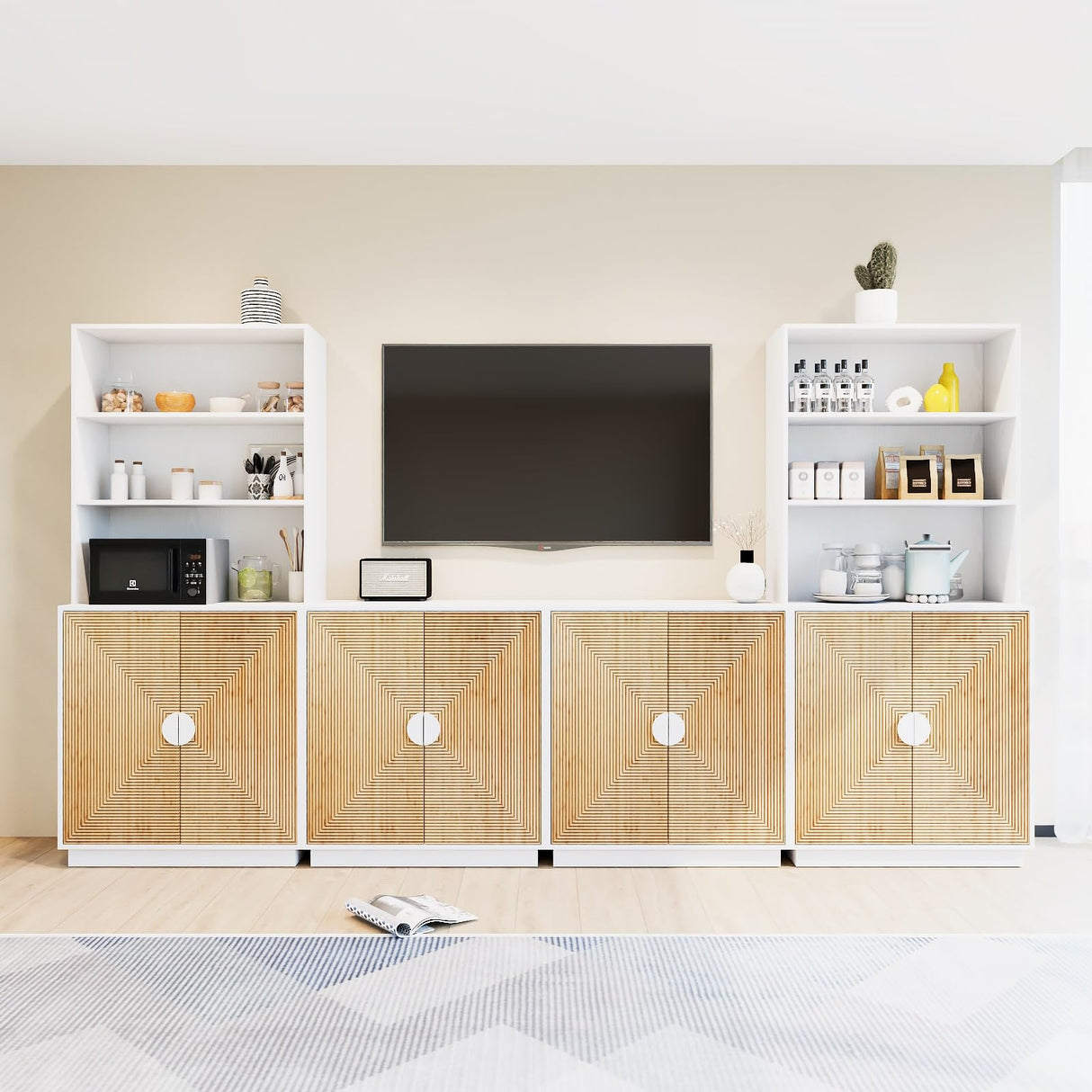 TUSY 4-Piece Large TV Stand with Bookshelves for TVs up to 75”, Wall Unit Entertainment Center with Doors, TV Cabinet for Living Room, Bedroom & Home Theater, White TUSY