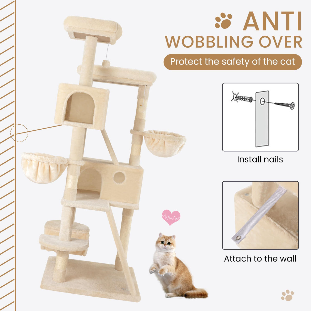 SHA CERLIN 65in Larger Cat Tree Tower Condo for Indoor Kitties/Multi-Level Furniture Activity Center with Wide Base/Cozy Plush Cat Perches/Baskets/Sisal Scratching Posts and Hammock/Beige SHA CERLIN