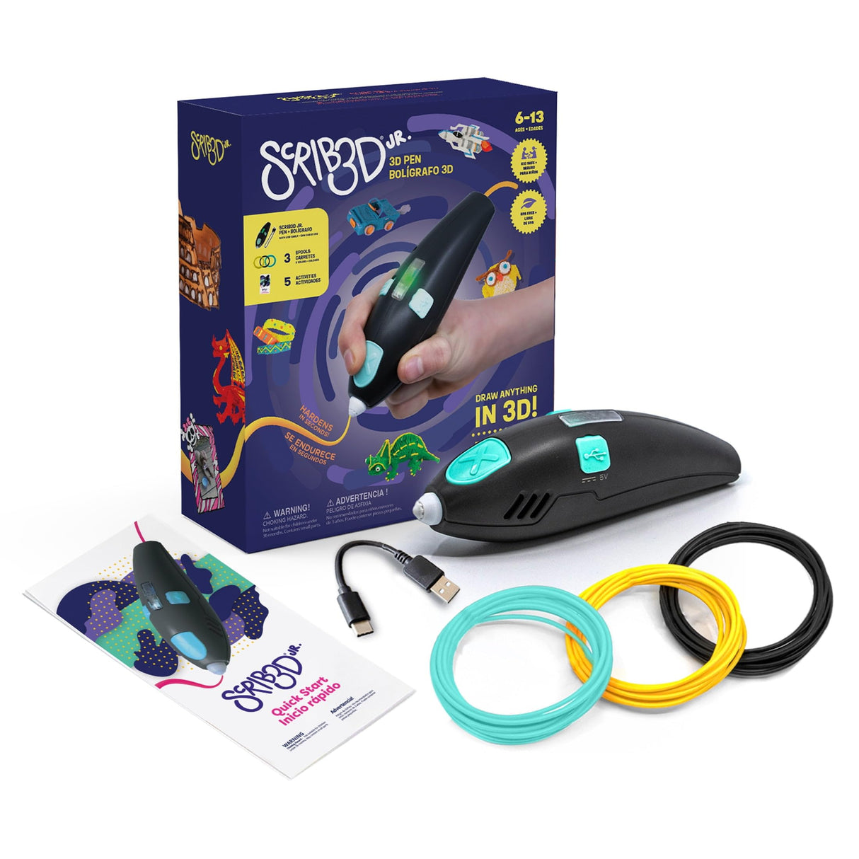 SCRIB3D Junior 3D Printing Pen Set for Kids with Filament, Activity Guide, and USB Charging Cable SCRIB3D
