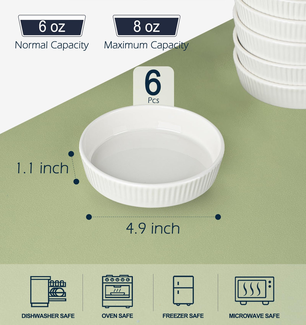 Ramekins 8 oz - Oven Safe Shallow Ramekins for Creme Brulee Dishes- Ceramic Souffle Dishes Quiche Dish Mini Tart Pans for Individual Serving,White Puddings Cups Small Pie Pan Sauce Ramekins Set of 6 KOBIKOBI