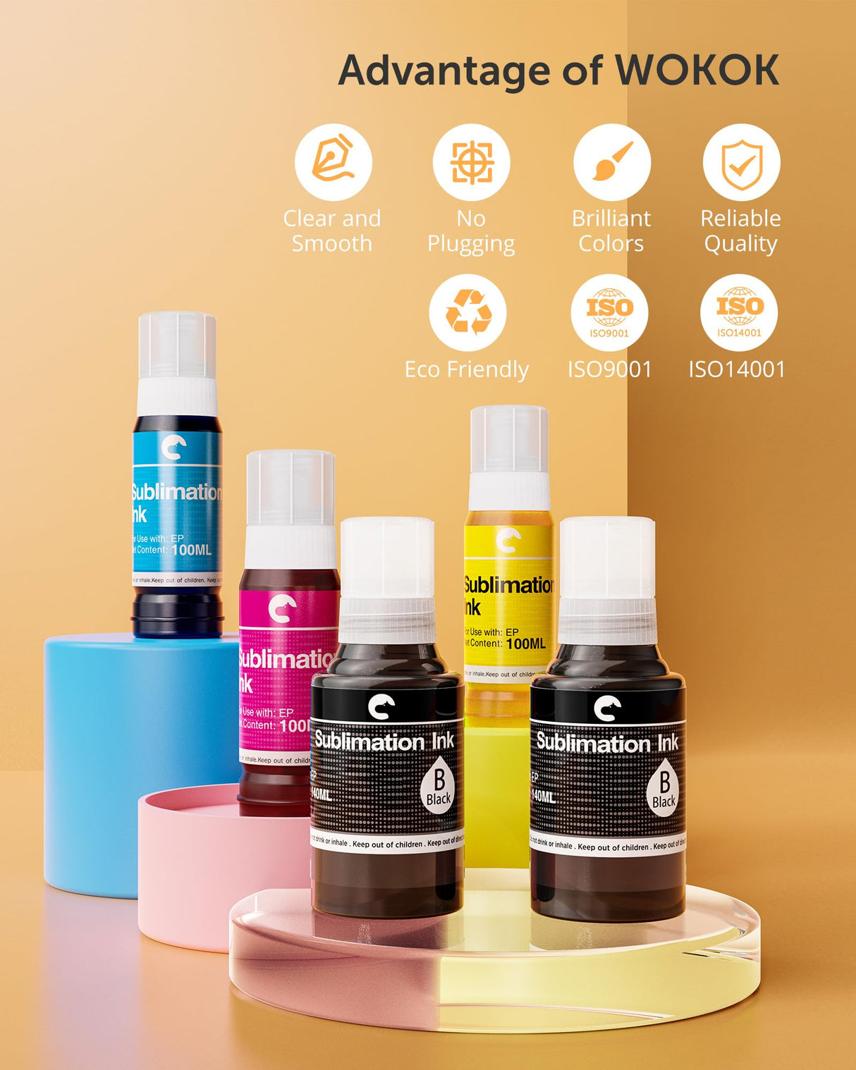 Hiipoo 580ML Sublimation Ink Refilled Bottlescompatible for ET2400 ET2720 ET2760 ET2750 ET4800 ET-2800 ET-2803 ET-2850 Inkjet Printers Heat Press Transfer on Mugs T-Shirts Hiipoo