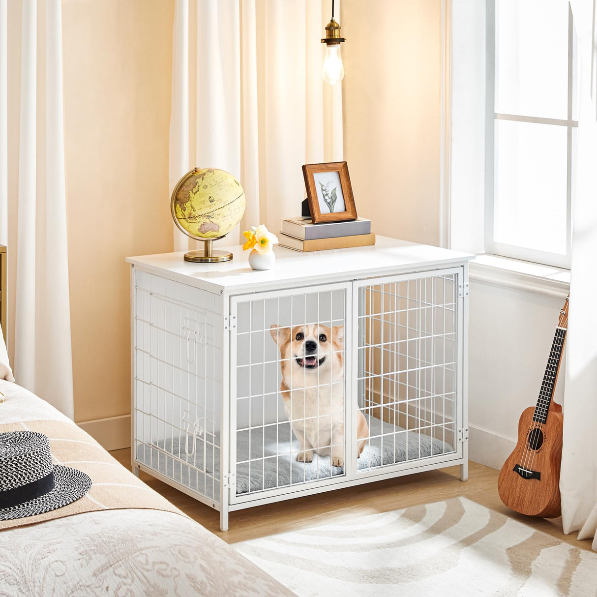 MAHANCRIS Dog Crate Furniture with Cushion, Wooden Dog Kennel with Double Doors, Heavy Duty Dog Cage for Small/Medium/Large Dogs, Indoor Dog House End Table, 31.5" L, White DCBW0701 MAHANCRIS