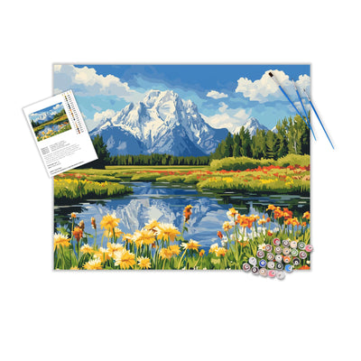 Grand Teton Paint by Numbers Kits, Snow Mountains Paint by Number for Adults, Lake Flower Scenery DIY Acrylic Painting for Home Decor Without Frame(16×20inch)