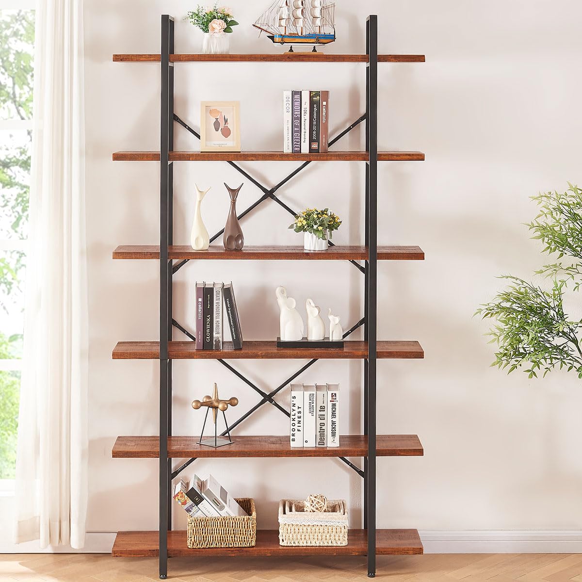 HSH Distressed Brown Solid Wood 6-Tier Industrial Bookcase with Sturdy Metal Frame HSH